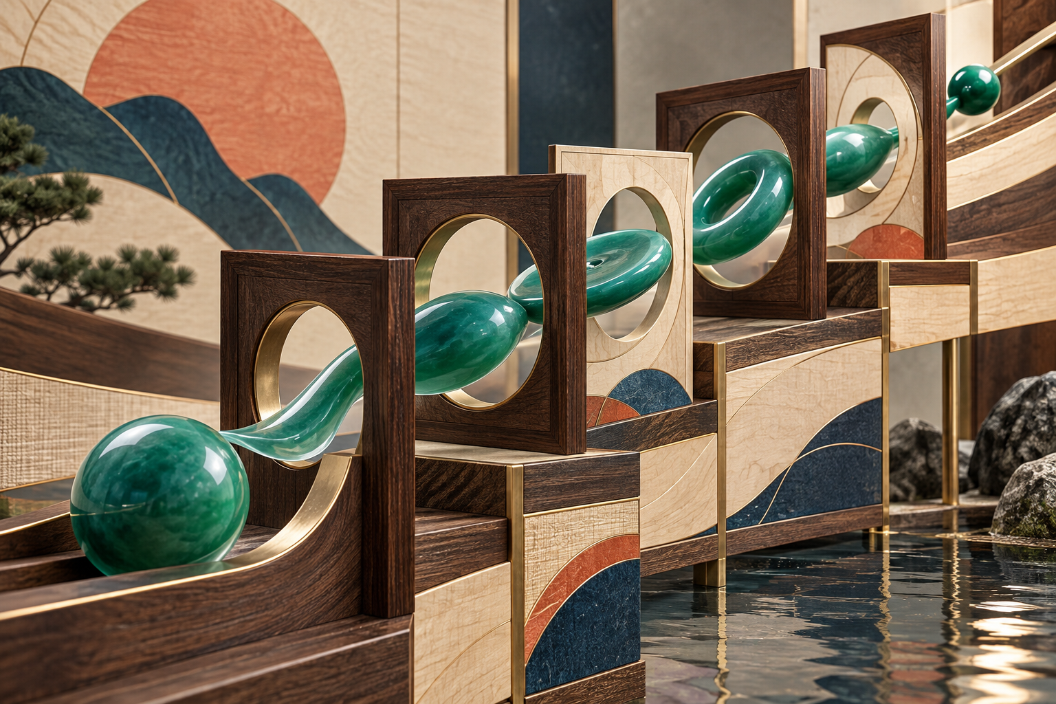 Jade forms moving through a sequence of walnut frames