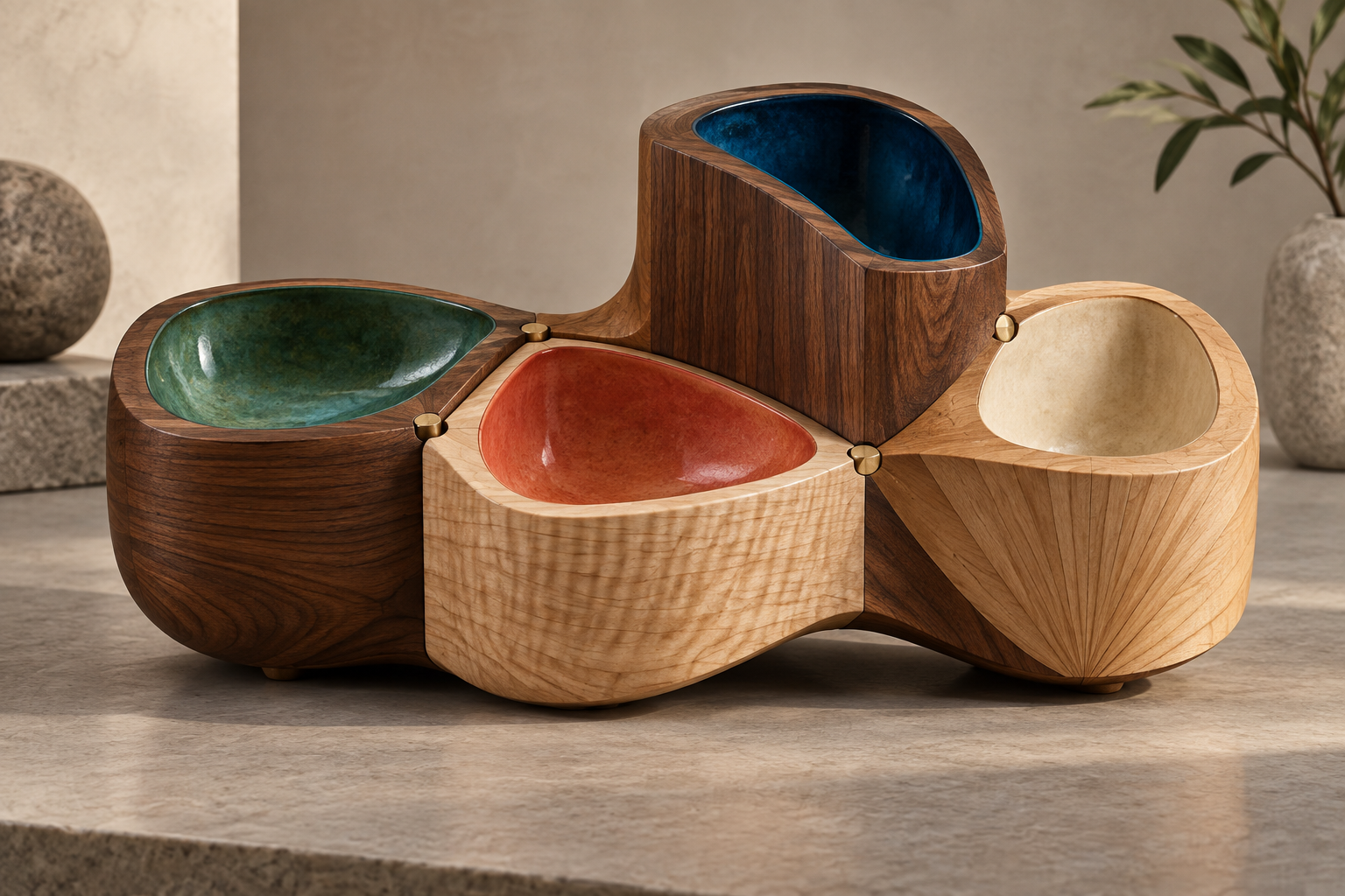 Four linked wooden compartments with blue, jade and coral enamel