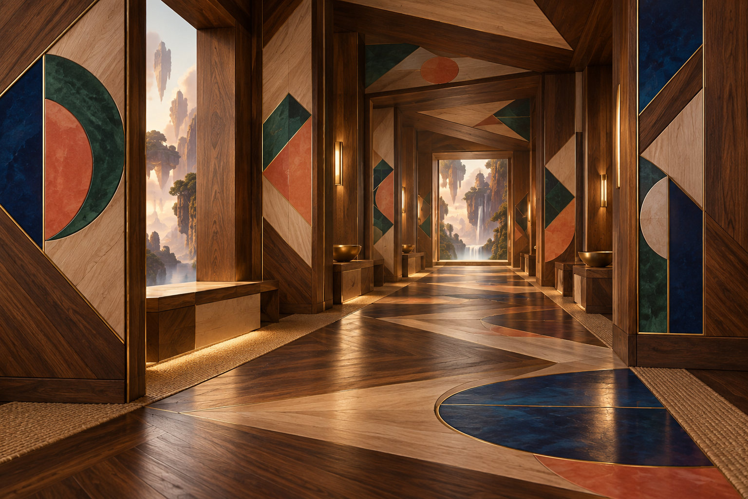A marquetry passage of walnut panels and colored geometric inlays